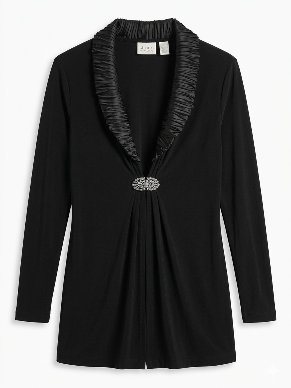 Chico's Black Long-Sleeve Tunic with Ruched Satin Collar and Jewel Clasp
